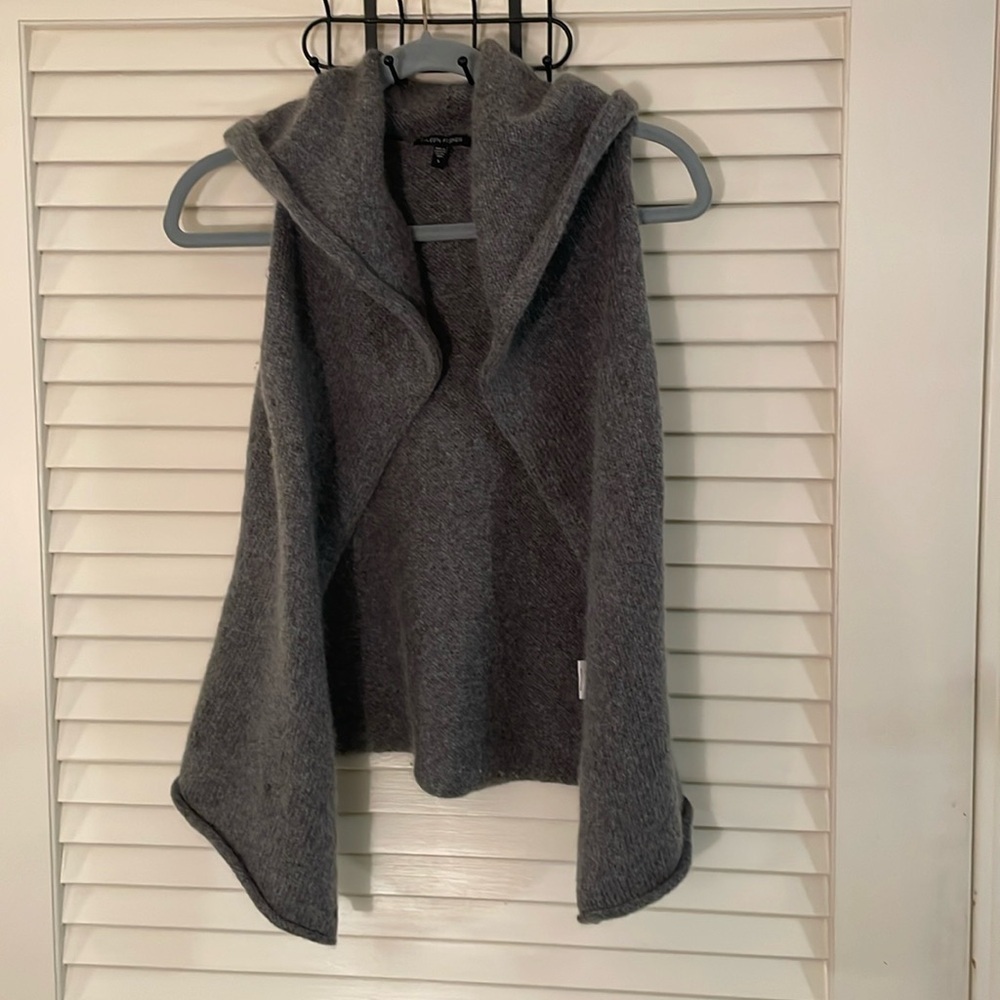 Eileen Fisher Wool Mohair Nylon Gray Black Flecks Curled Edged Open Vest